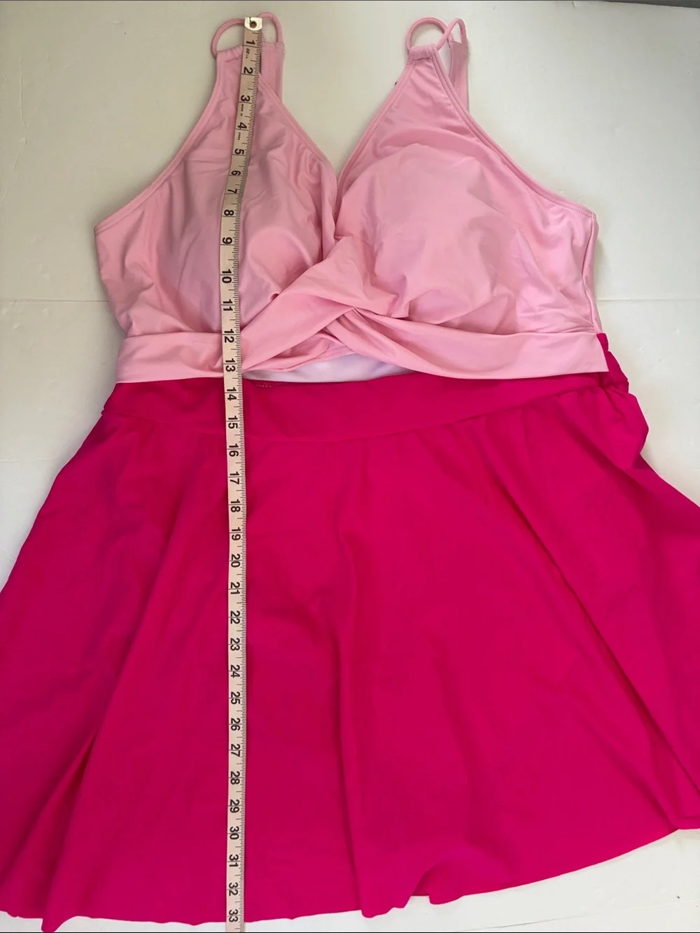 Anti-Float Ties Cut-Out Swim Dress Two-Tone Pink Twist Front Swimsuit Size 22/24
